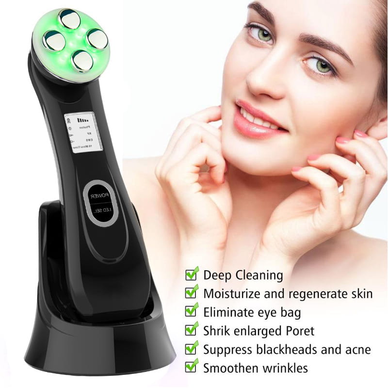 black multifunctional skin rejuvenation care instrument with four green-lit treatment heads and a digital display panel for advanced skin rejuvenation care