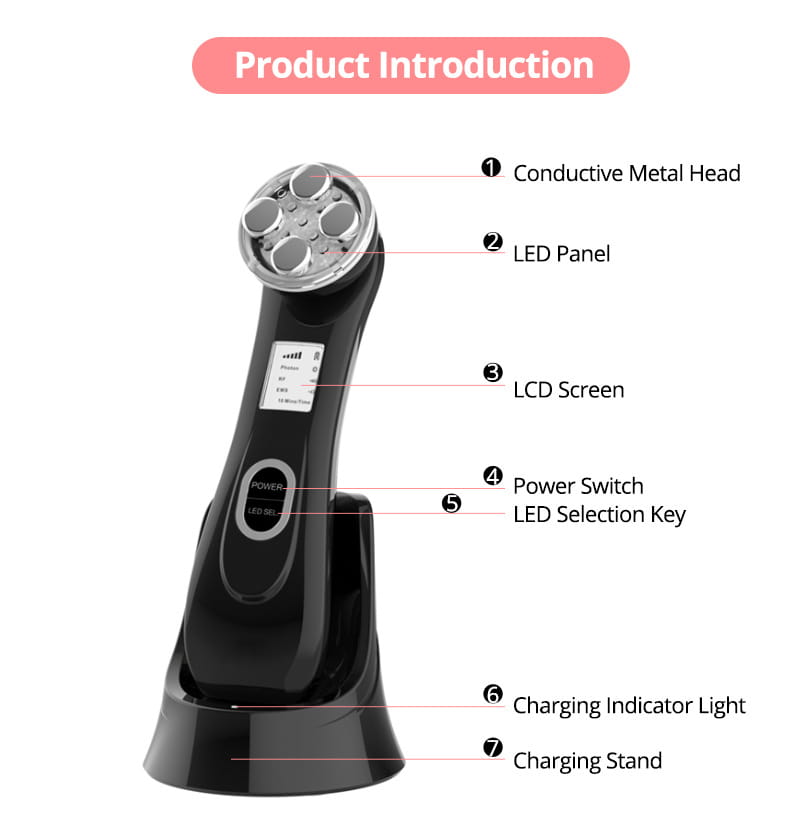 Black multifunctional skin rejuvenation care instrument featuring a conductive metal head with four circular led panels, an lcd screen, and power controls for advanced skin rejuvenation care.