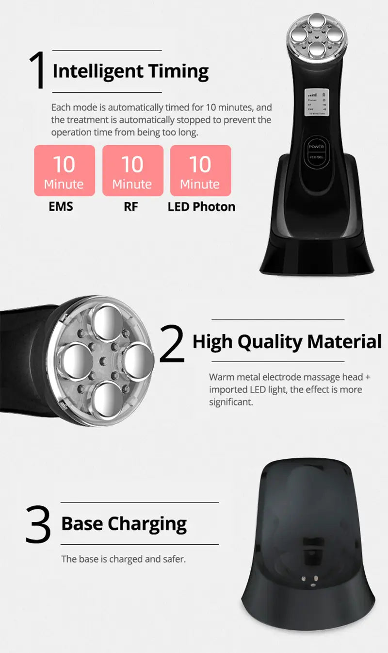 Black handheld multifunctional skin rejuvenation care instrument with a rounded top featuring five silver circular treatment heads and a sleek ergonomic design for effective skin rejuvenation care.