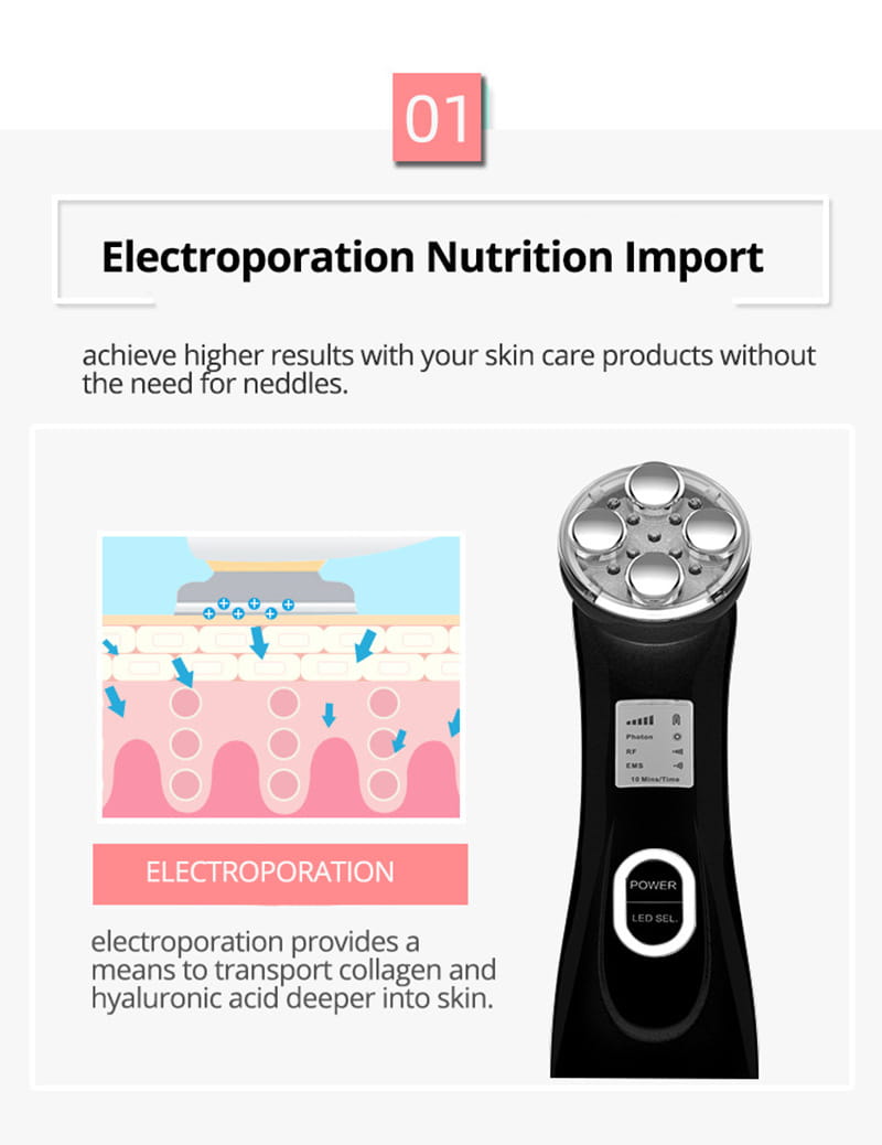 Black handheld multifunctional skin rejuvenation care instrument with a silver rounded head featuring five circular treatment pads for advanced rejuvenation care.