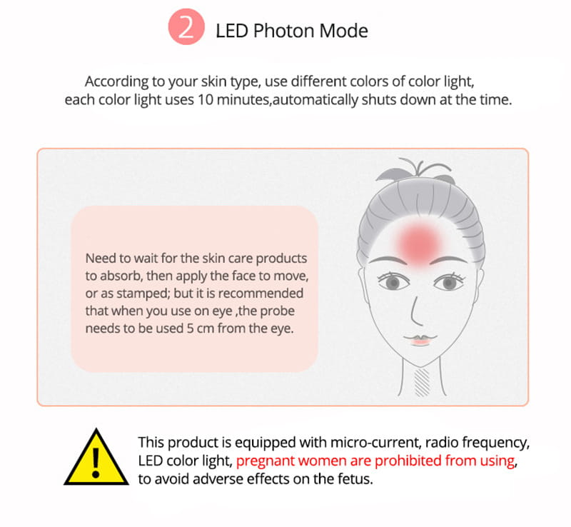 Multifunctional skin rejuvenation care instrument featuring led photon mode device with color light therapy settings for different skin types and a probe designed to be used five centimeters from the eye.