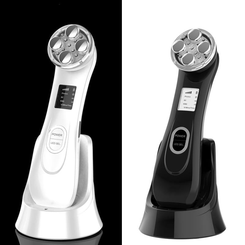 White and black multifunctional skin rejuvenation care instrument featuring a circular head with five metallic treatment pads, sleek ergonomic handle, digital display screen, and power led settings buttons for skin rejuvenation care.