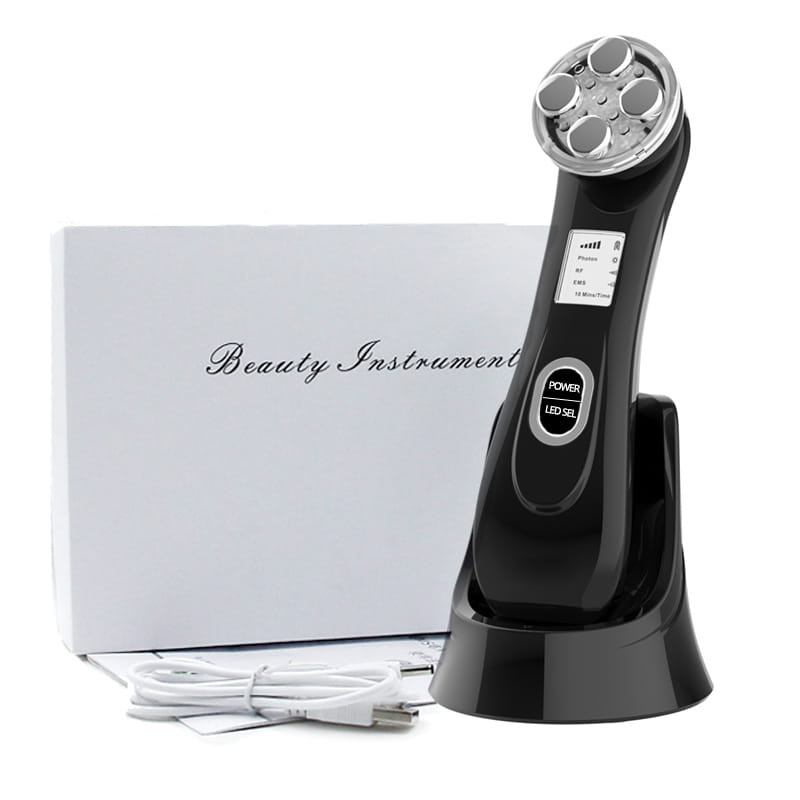 black handheld multifunctional skin rejuvenation care instrument with a silver circular head featuring four treatment pads and control buttons on the handle for effective skin rejuvenation care