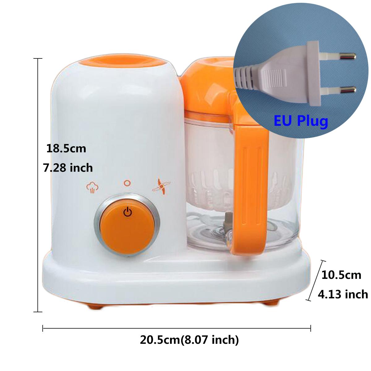 Smart multi-function baby food processor in white and orange features a clear glass jar silver power button and EU plug for efficient baby food preparation.