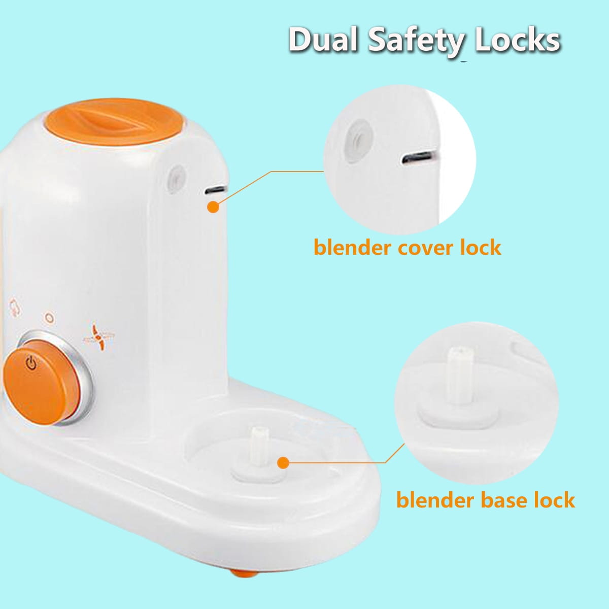white and orange smart multi-function baby food processor with dual safety locks for safer baby food preparation