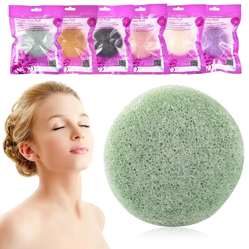 natural round shap konjac sponge face cleaning puff with a light green porous sponge in a purple package
