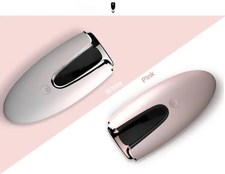 A sleek oval-shaped pink rose gold home laser hair removal device with a smooth matte finish and black accents for effective hair removal.
