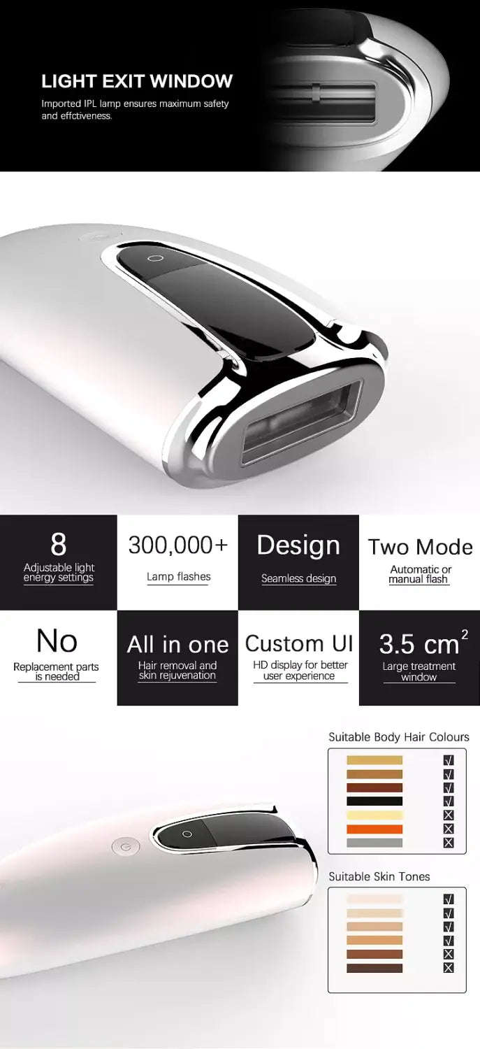 Silver and black ipl hair removal device with a sleek modern design for effective home laser hair removal.