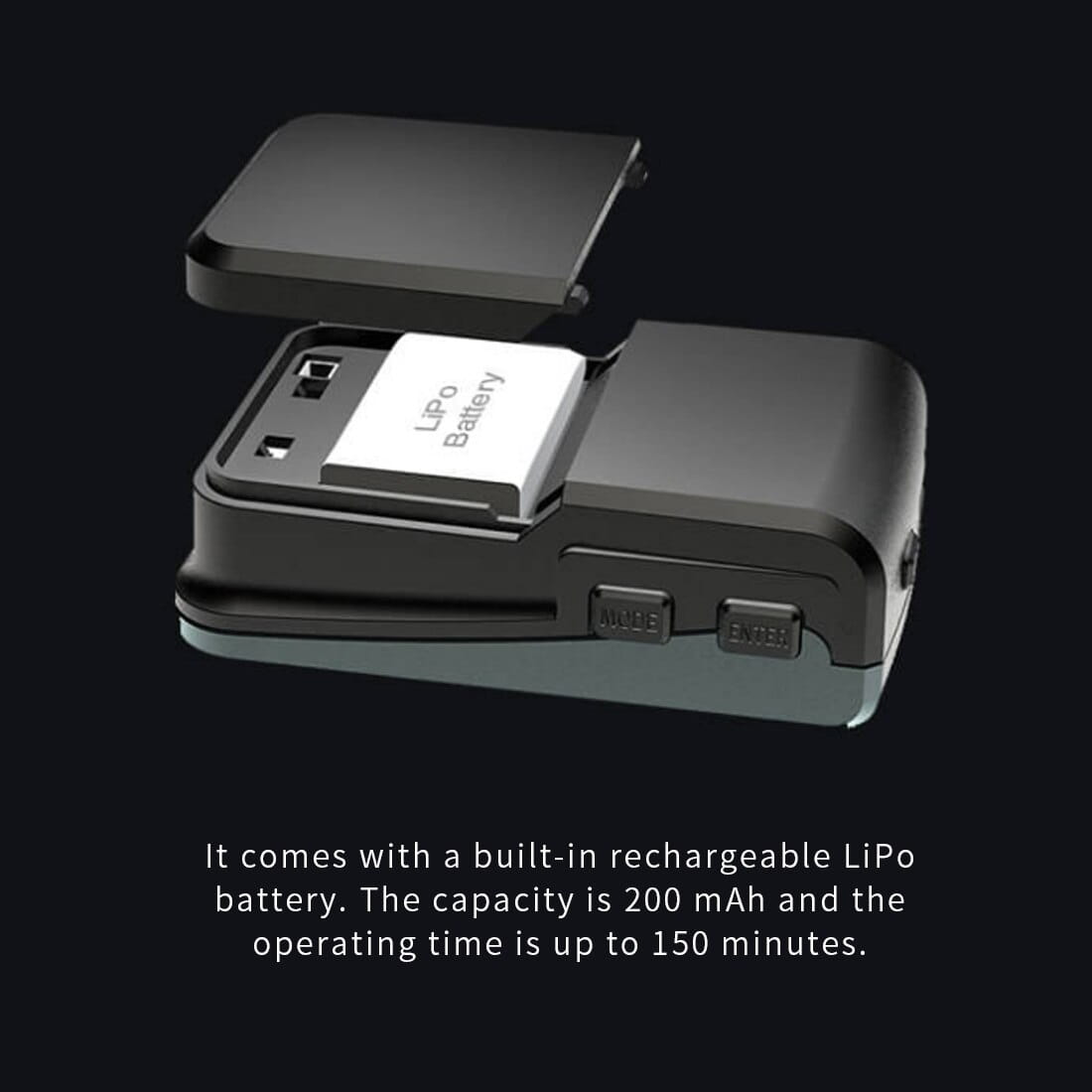 black compact lipo battery charger with labeled mode and enter buttons designed for the gsm-015 gnss speedometer with digital display