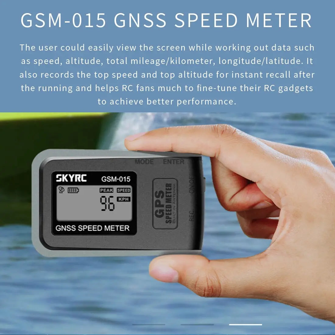 Gray gsm-015 gnss speedometer with a digital display showing 96 kph designed for accurate speed measurement using gnss technology.