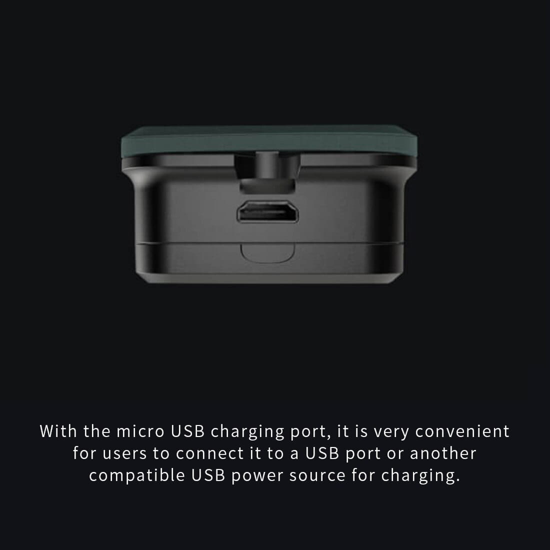 dark gray and teal wireless earbud charging case with micro usb port displayed alongside the gsm-015 gnss speedometer with digital display