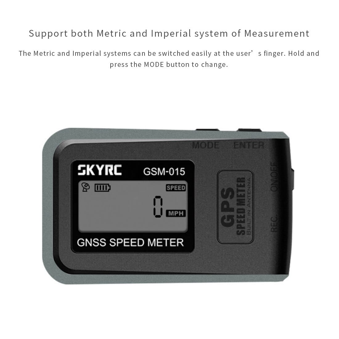 Gray SkyRC GSM-015 GNSS speedometer with digital display showing 0 mph and labeled mode, enter, record, and power buttons featured in the GSM-015 GNSS speedometer product.