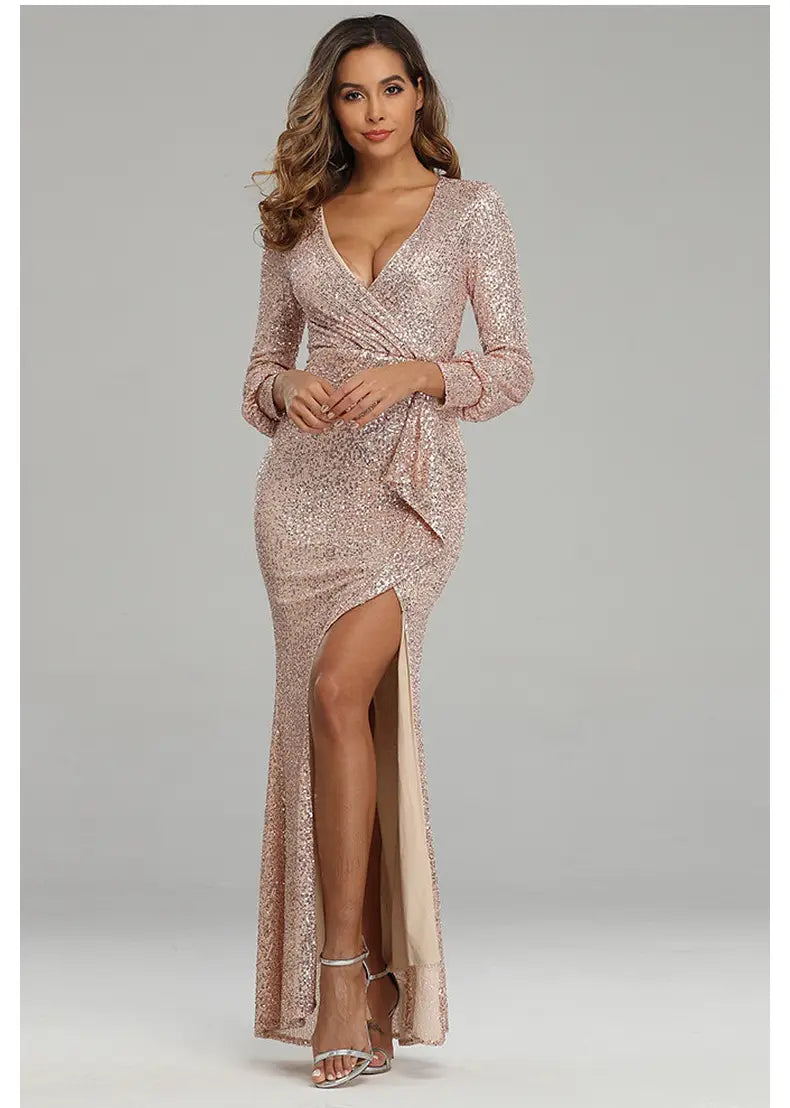 A shimmering rose gold sequined evening dress with sexy high slit long sleeves and a deep v-neckline from the fantasy celebrity sexy collection.