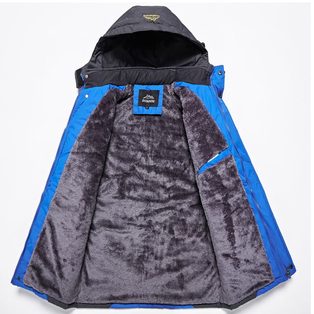 Teal mens harsh winter jacket with blue and black insulated exterior and plush gray fleece interior designed for waterproof hiking and hooded protection.