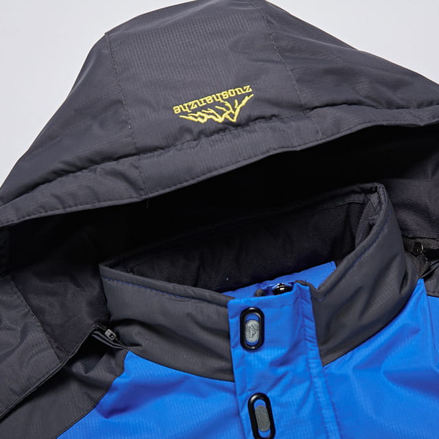 Teal mens harsh winter jacket waterproof hiking hooded featuring a blue and black outdoor design with a hood and yellow embroidered branding.