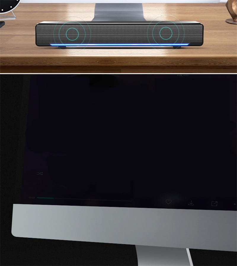 Black bluetooth dual-mode soundbar upgrade with textured grille and glowing blue led strip along its bottom edge color classification.