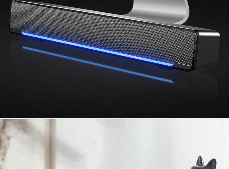 Black rectangular bluetooth dual-mode soundbar with textured grille and glowing blue led strip along its bottom edge featuring a bluetooth dual-mode upgrade and color classification.