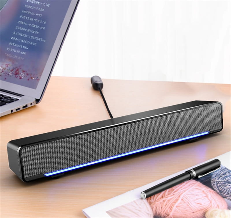 Black rectangular bluetooth dual-mode soundbar with textured grille and blue led strip along the bottom edge showcasing bluetooth dual-mode upgrade and color classification features.