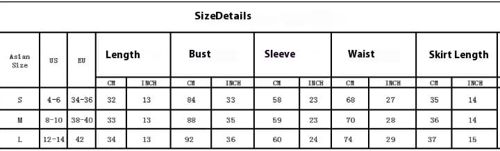 Size details chart for white crochet knitted beach bikini with bell sleeves showing garment measurements in centimeters and inches for length, bust, sleeve, waist, and skirt length across sizes s, m, and l.