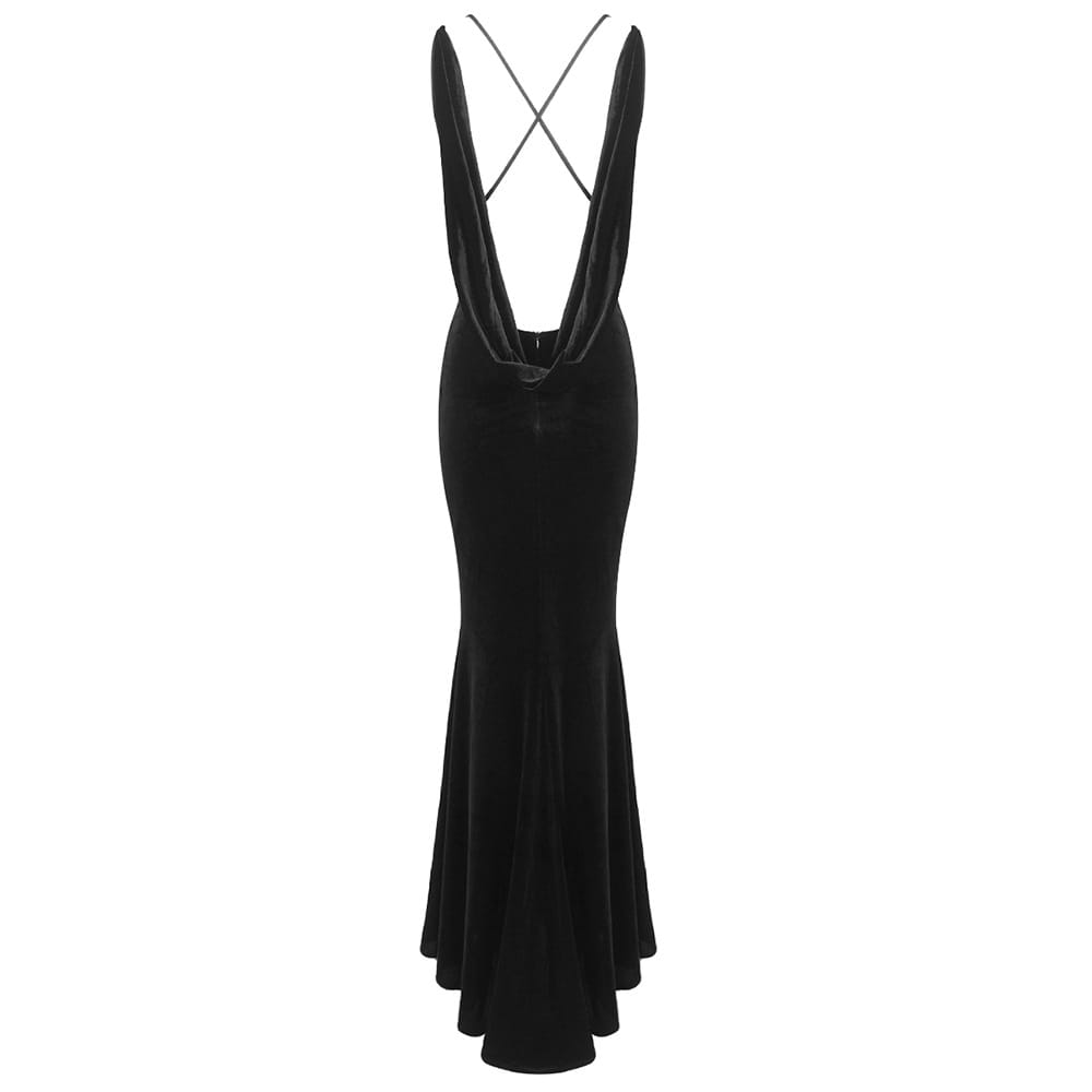 black camisole backless slim fit velvet floral gown showing the back side with deep cutout and crisscross straps in a black velvet mermaid style
