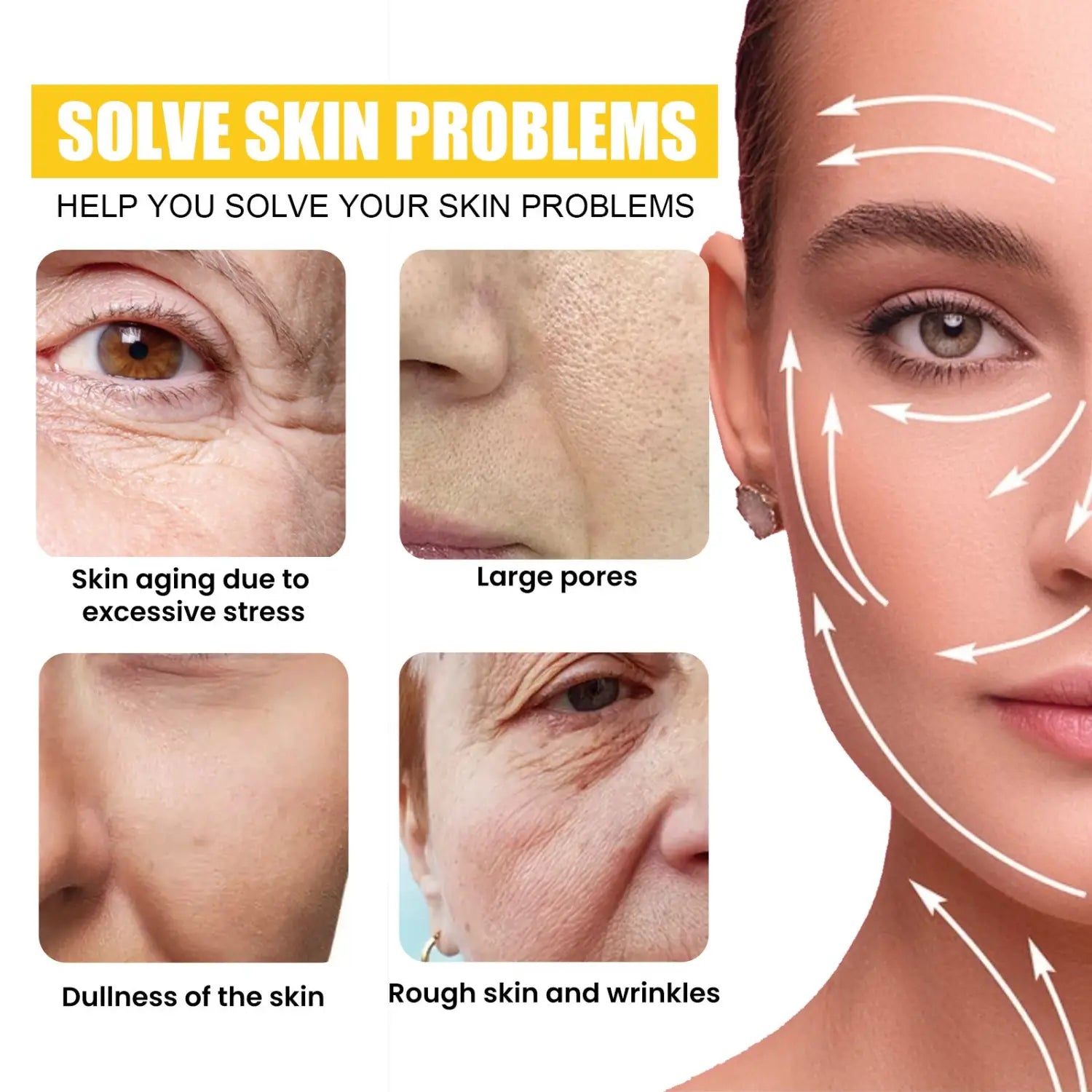 A woman’s face with white arrows illustrating facial massage paths highlighting aging due to stress and large pores for eelhoe retinol anti-wrinkle serum skin care with retinol and hyaluronic acid.