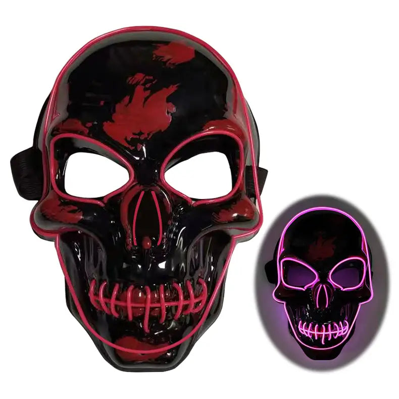 Black halloween skeleton mask with pink neon led glow outlining the eyes nose and teeth for halloween use.