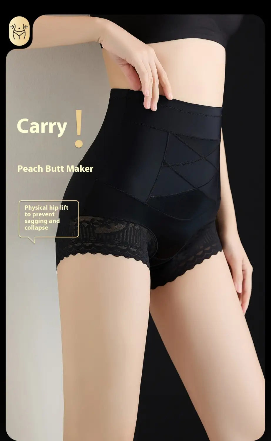 Black high waist body shaping leggings with hip lifting effect featuring lace trim and geometric paneling.