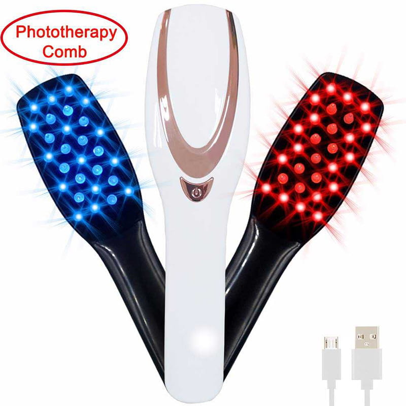 Iridescent hair care phototherapy LED comb in white and rose gold with blue and red LED lights for hair treatment care head care.