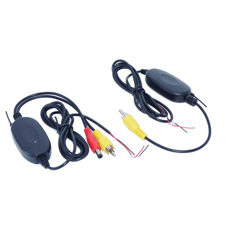 black plastic rearview camera adapter with rca connectors and exposed wires for 7 inch wireless suction cup display hd rearview camera