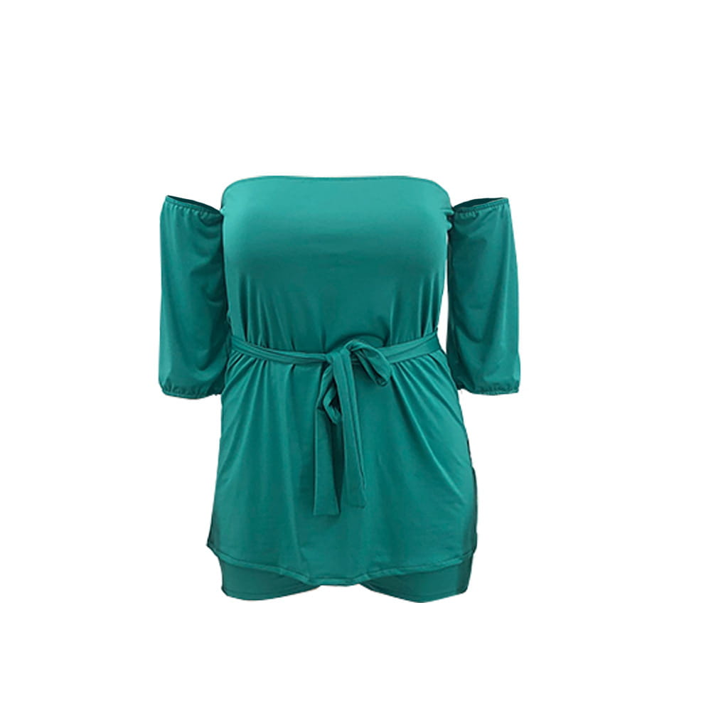 plus size ladies emerald lace up two piece set featuring a teal off the shoulder romper with elasticated sleeves and tied waistband for comfort stretch shorts style