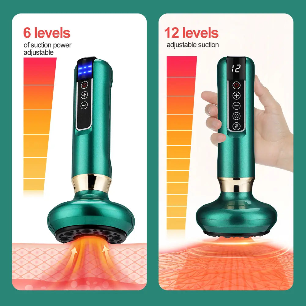 teal green electric vacuum cupping massager and gua sha device with gold accent and digital display showing adjustable suction levels