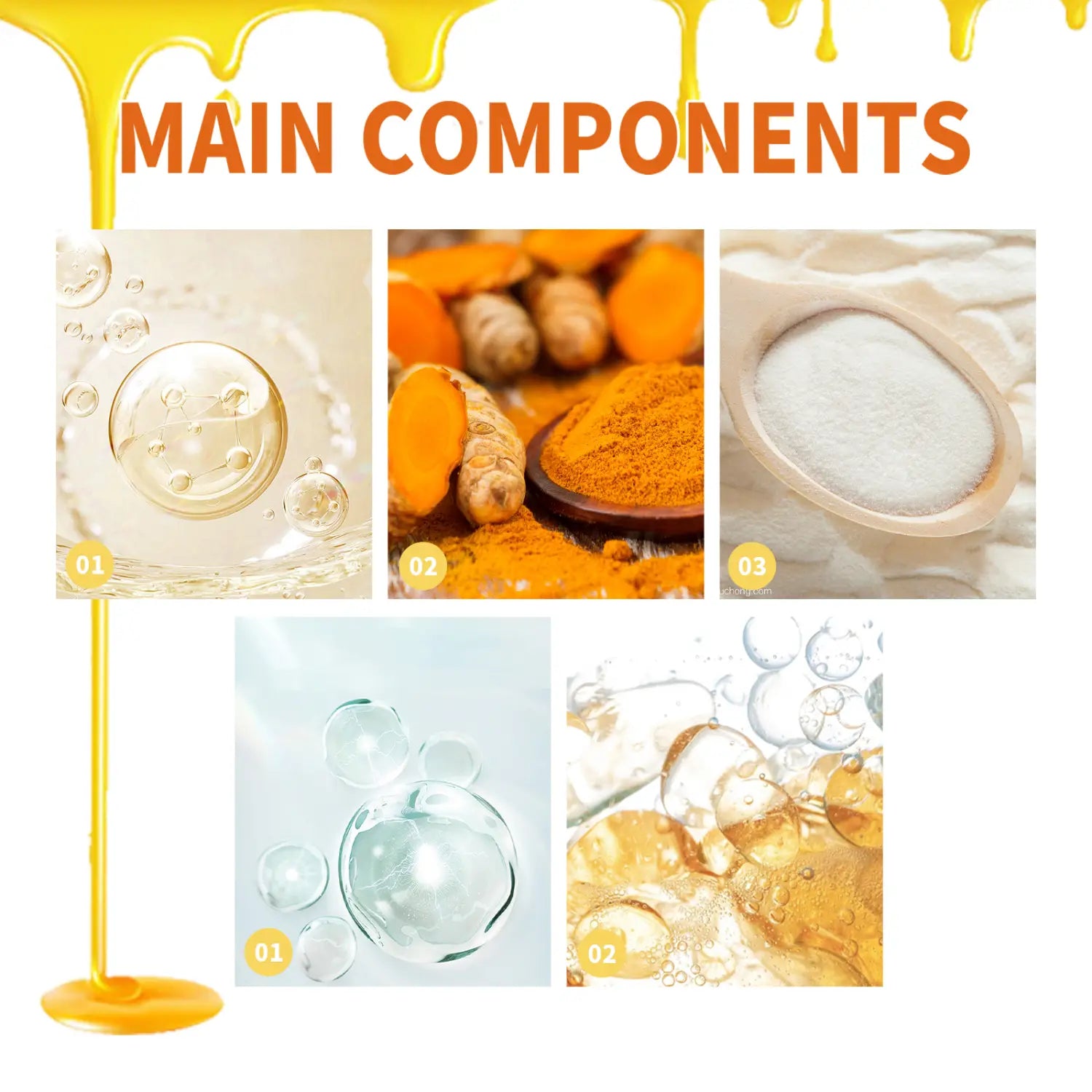 golden honey dripping from a stand with amber-colored bubbles in clear liquid and vibrant orange turmeric roots alongside white powder illustrating key natural ingredients in propolis joint care gel for muscle pain and joint care.