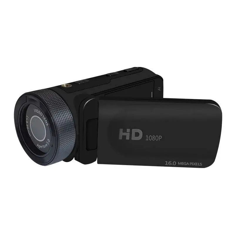 Black 16mp hd digital camera with textured wide-angle lens ring and external microphone for high quality video recording