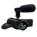 Black 16mp hd digital camera with wide-angle lens and external microphone mounted and dv branded carrying strap