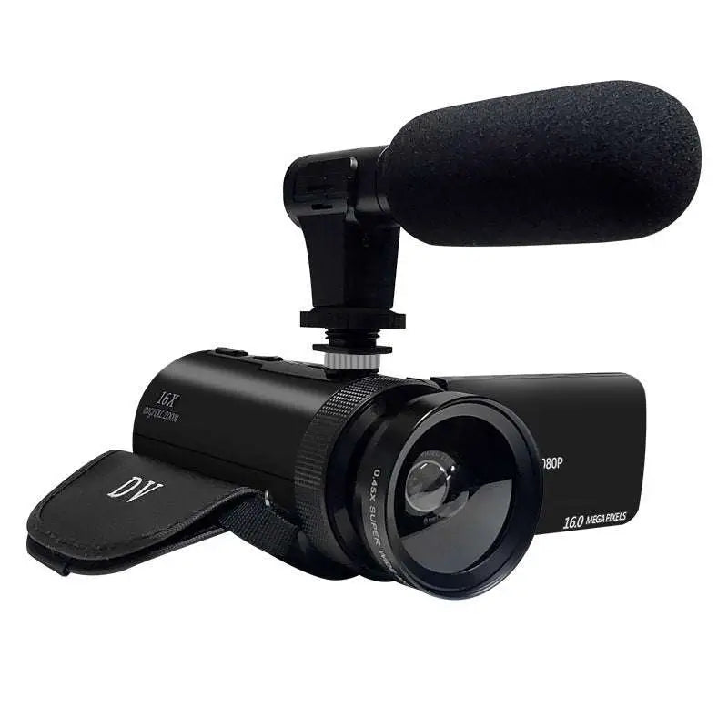 Black 16mp hd digital camera with wide-angle lens and external microphone mounted and dv branded carrying strap