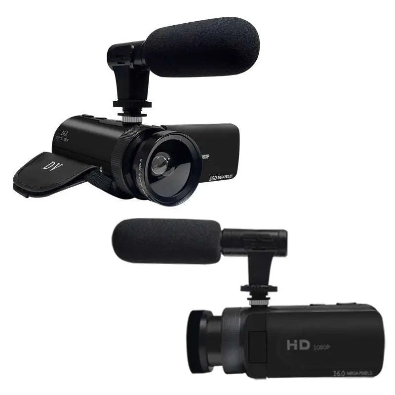Black 16mp hd digital camcorder with wide-angle lens, external microphone, matte finish, and compact portable design