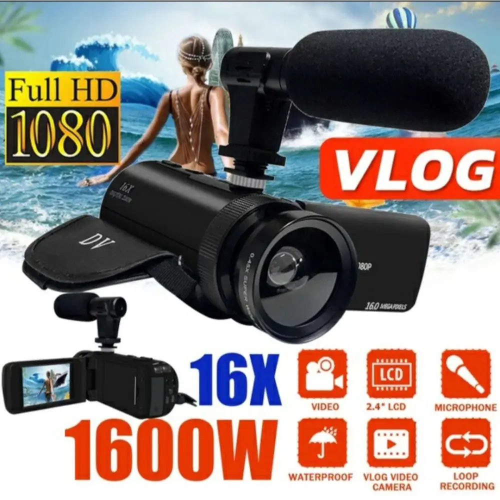 Black 16mp hd digital handheld video camera with wide-angle lens and external microphone for full hd 1080 vlog recording