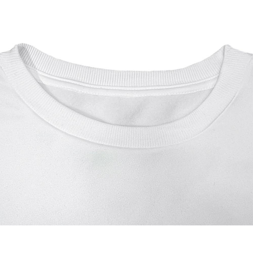 White crewneck t-shirt with ribbed collar and soft cotton fabric shown alongside a lion rose regular fit long sleeve sweatshirt.