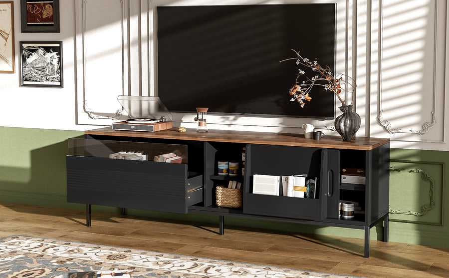 U-Can 70.8'' Modern TV Stand for TVs Up to 75" – Walnut, Metal Frame, Sliding Doors