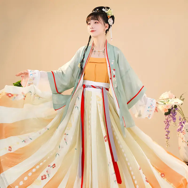 a flowing layered hanfu ensemble in soft mint green and cream with delicate floral embroidery along the sleeves and skirt hem showcasing han chinese clothing summer improvement.