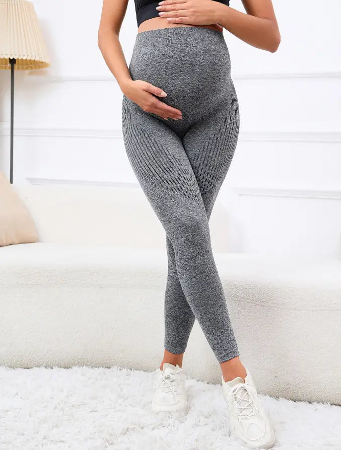gray textured ribbed maternity leggings with high waist and belly support high for comfortable pregnancy wear