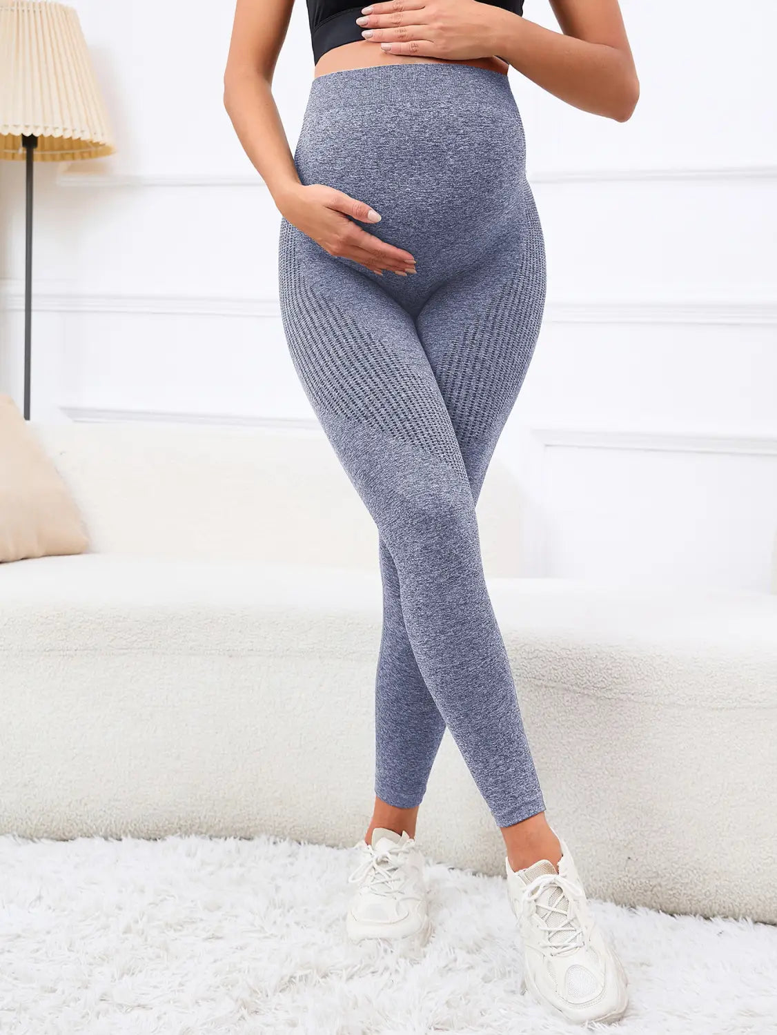 heathered gray knit ribbed maternity leggings with seamless design and belly support high waist for comfortable pregnancy wear