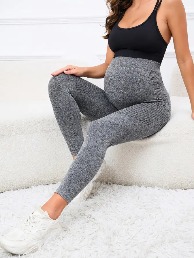 gray heathered ribbed maternity leggings with seamless design and belly support high waist for enhanced comfort and support during pregnancy