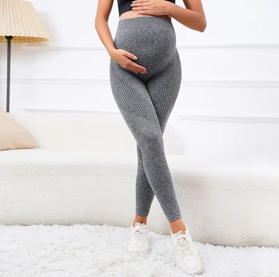 gray ribbed maternity leggings with high waist belly support designed for support high waist comfort and belly support during pregnancy