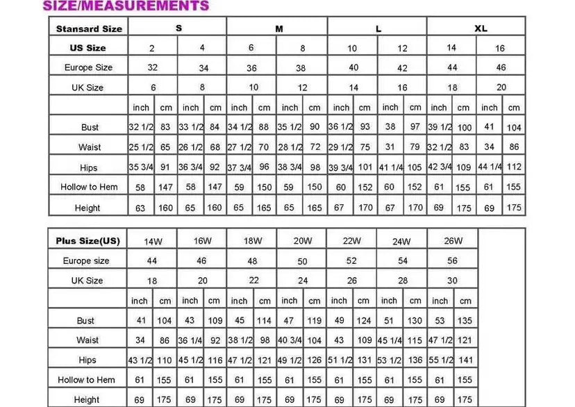 A detailed size chart for the white embroidered lace maxi fishtail slim tail gown showing US, Europe, and UK measurements across standard and plus sizes.
