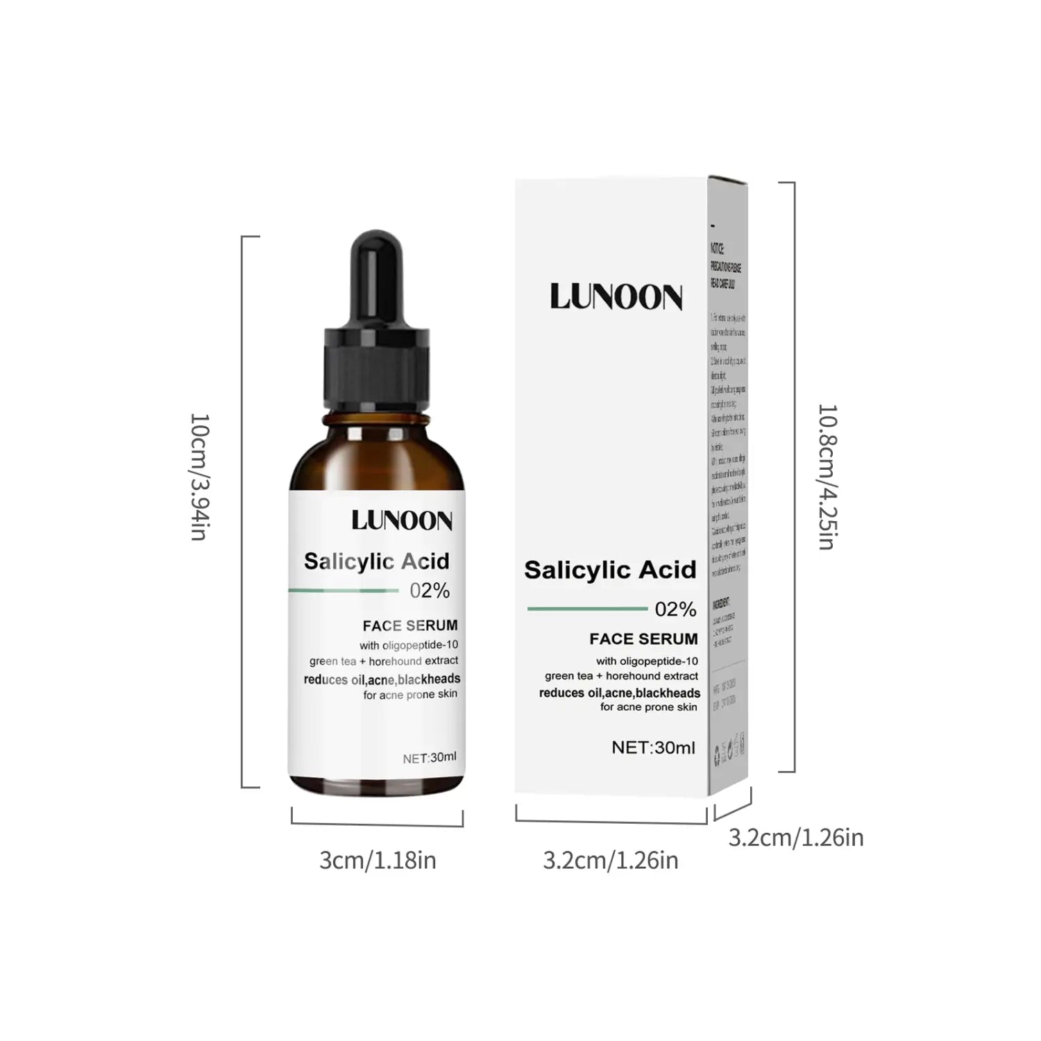 Lunoon brand 0.3-ounce amber glass bottle facial serum with black dropper cap and white label detailing salicylic acid green tea and horsepeptide-10 for acne-prone skin in a simple anti-aging facial serum.