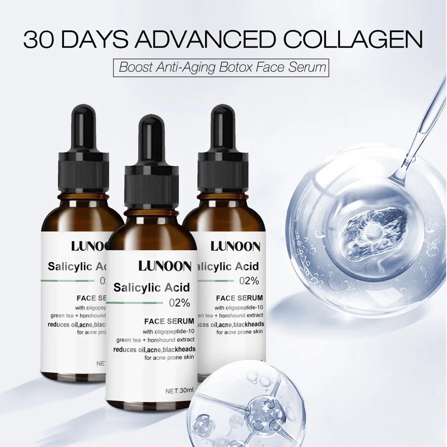 Three amber glass bottles of Lunoon salicylic acid 02% facial serum with black dropper caps and white labels for a simple anti-aging facial serum.