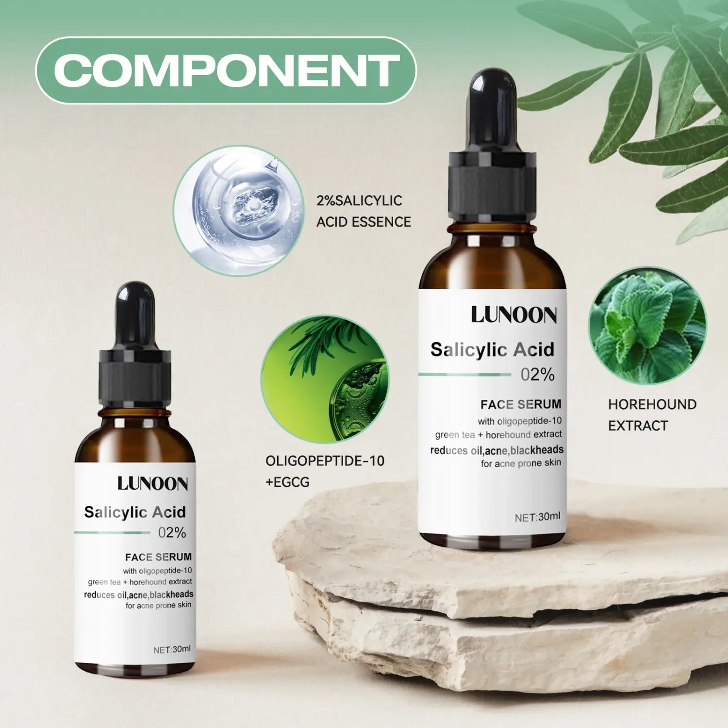 Lunoon 2% salicylic acid anti-aging facial serum in amber glass bottles with black dropper caps for a simple anti-aging facial.