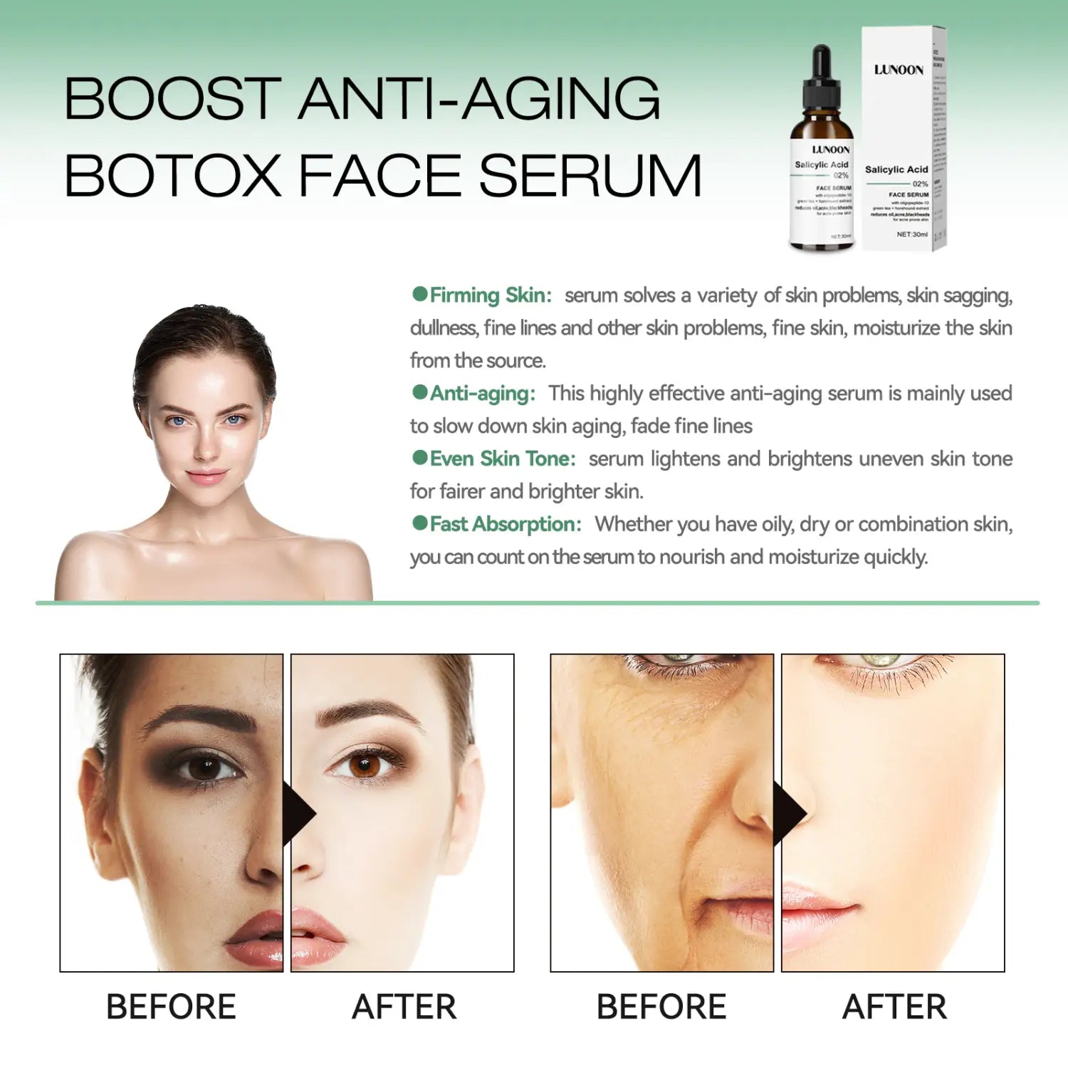 Lunon salicylic acid anti-aging facial serum in a dark amber glass bottle with a black dropper cap is displayed alongside its white packaging box as a simple anti-aging facial serum.