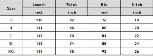 size chart table displaying measurements in inches for black high waisted skinny mesh see-through leggings in sizes s through 2xl